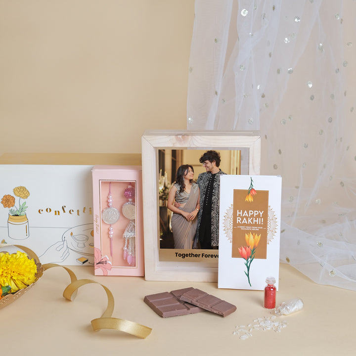 Personalized Rakhi Gift Box - Photo Frame, Chocolate & Designer Rakhi