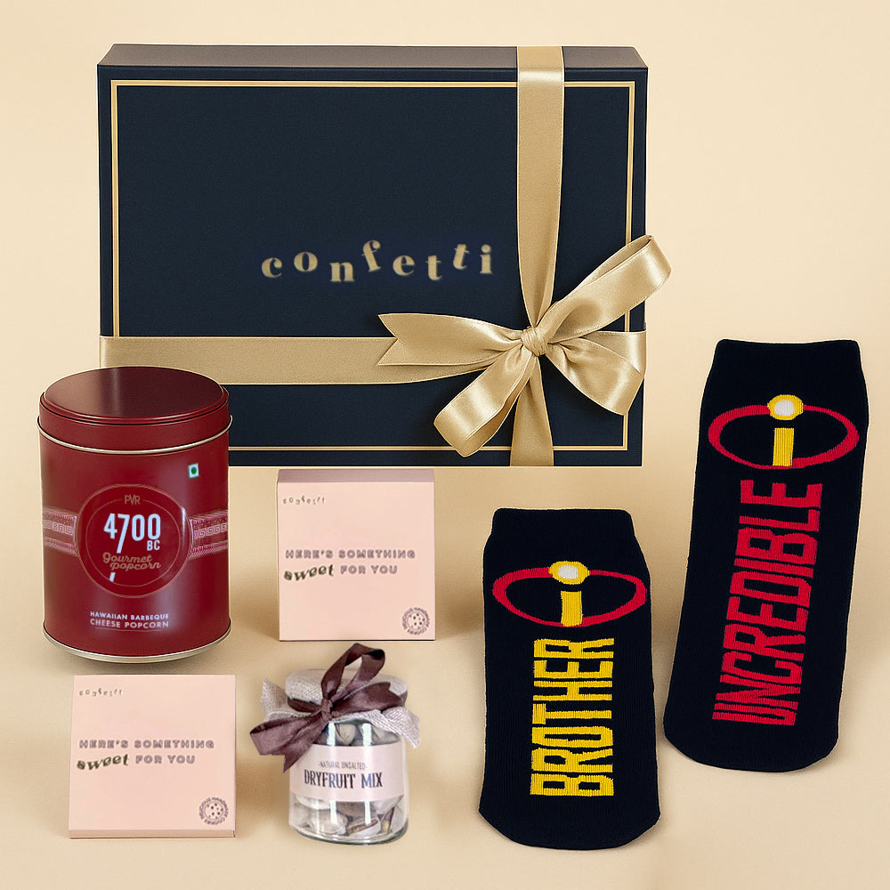 Premium Munchies and Personalized Socks Rakhi Gift Set for Brothers