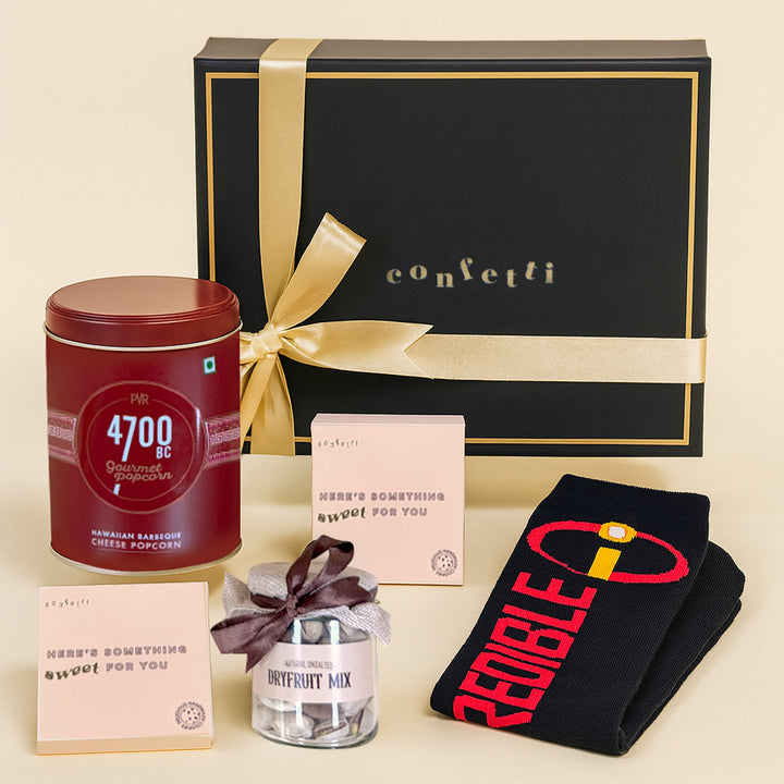 Premium Munchies and Personalized Socks Rakhi Gift Set for Brothers