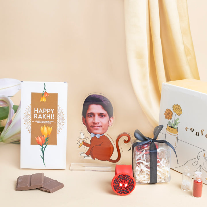 Kids rakhi Hamper - Personalized Cartoon Caricature, Chocolate & Spiderman  Rakhi