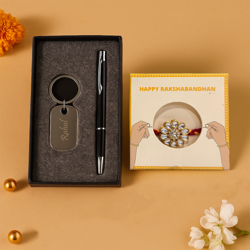 The Classic Bro Kit Personalized Keychain, Pen Rakhi Combo for