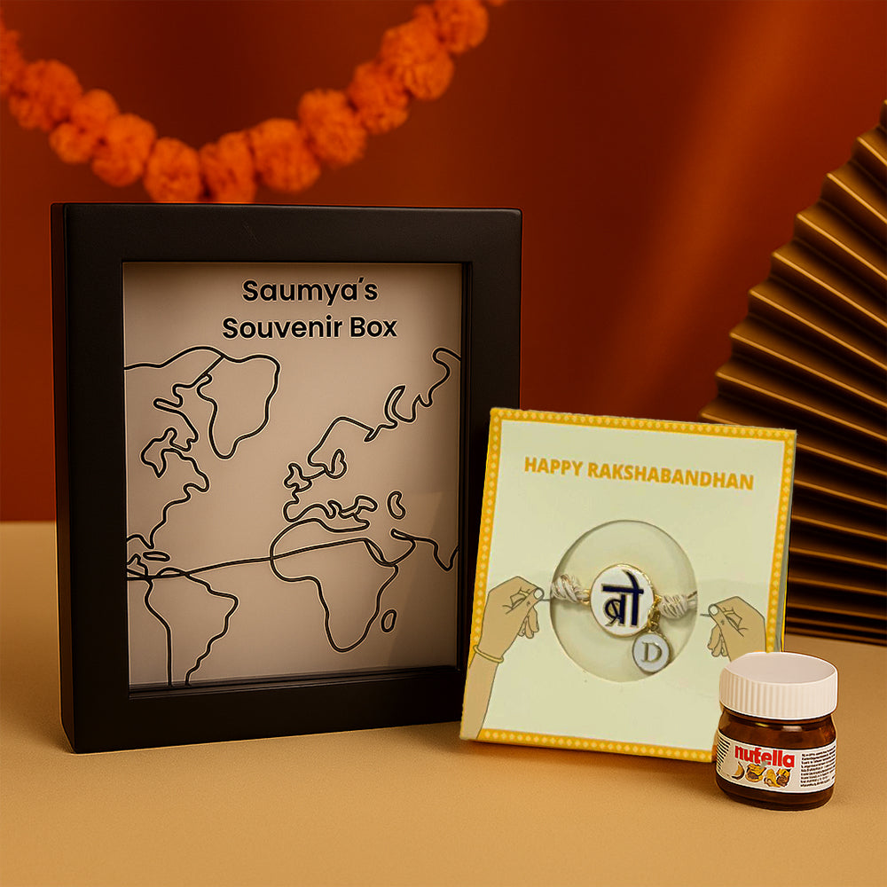 Travel Tales Rakhi Box - Souvenir + Nutella +personalized Bro charm Rakhi