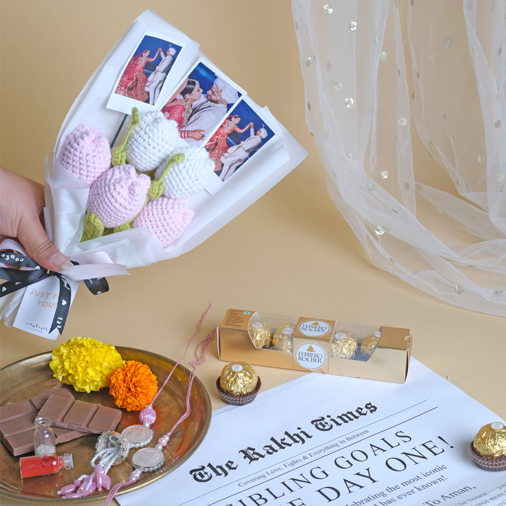 Festive Rakhi Combo with Crochet Flower Bunch & Chocolate Bliss