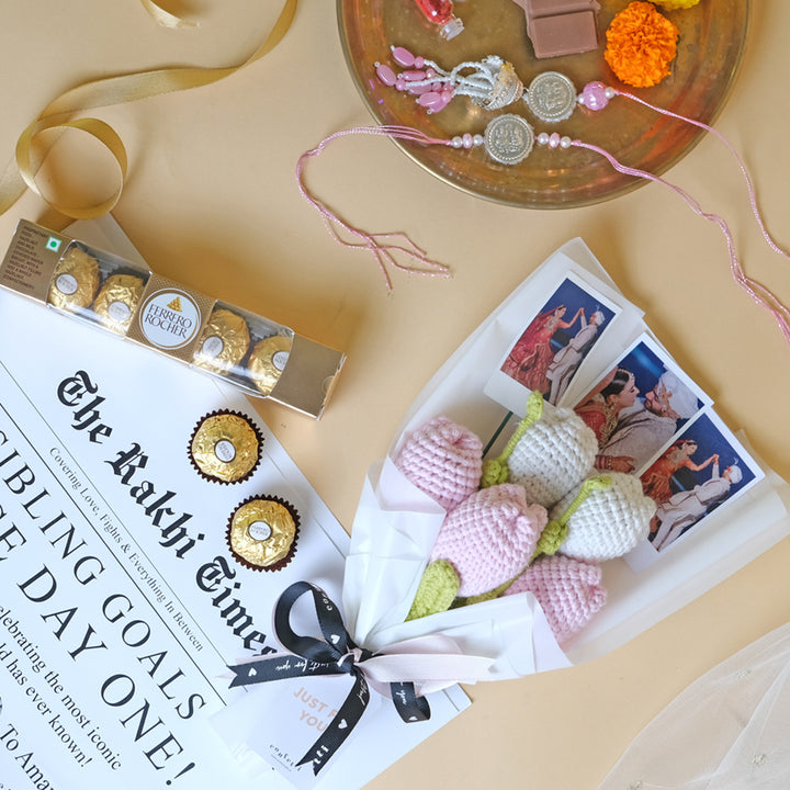Festive Rakhi Combo with Crochet Flower Bunch & Chocolate Bliss