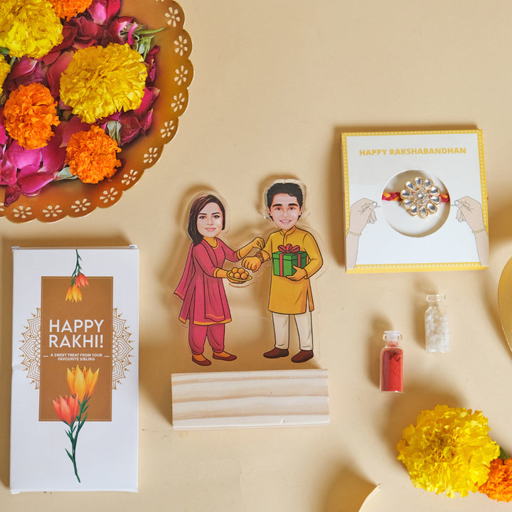 Brother & Sister Rakhi Box - Personalized Caricature, Kundan Rakhi & Chocolate