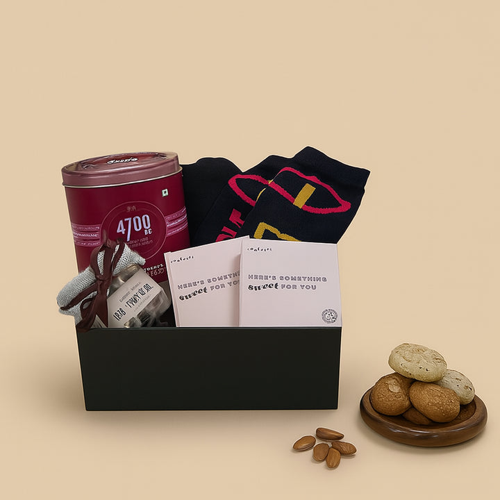 Premium Munchies and Personalized Socks Rakhi Gift Set for Brothers