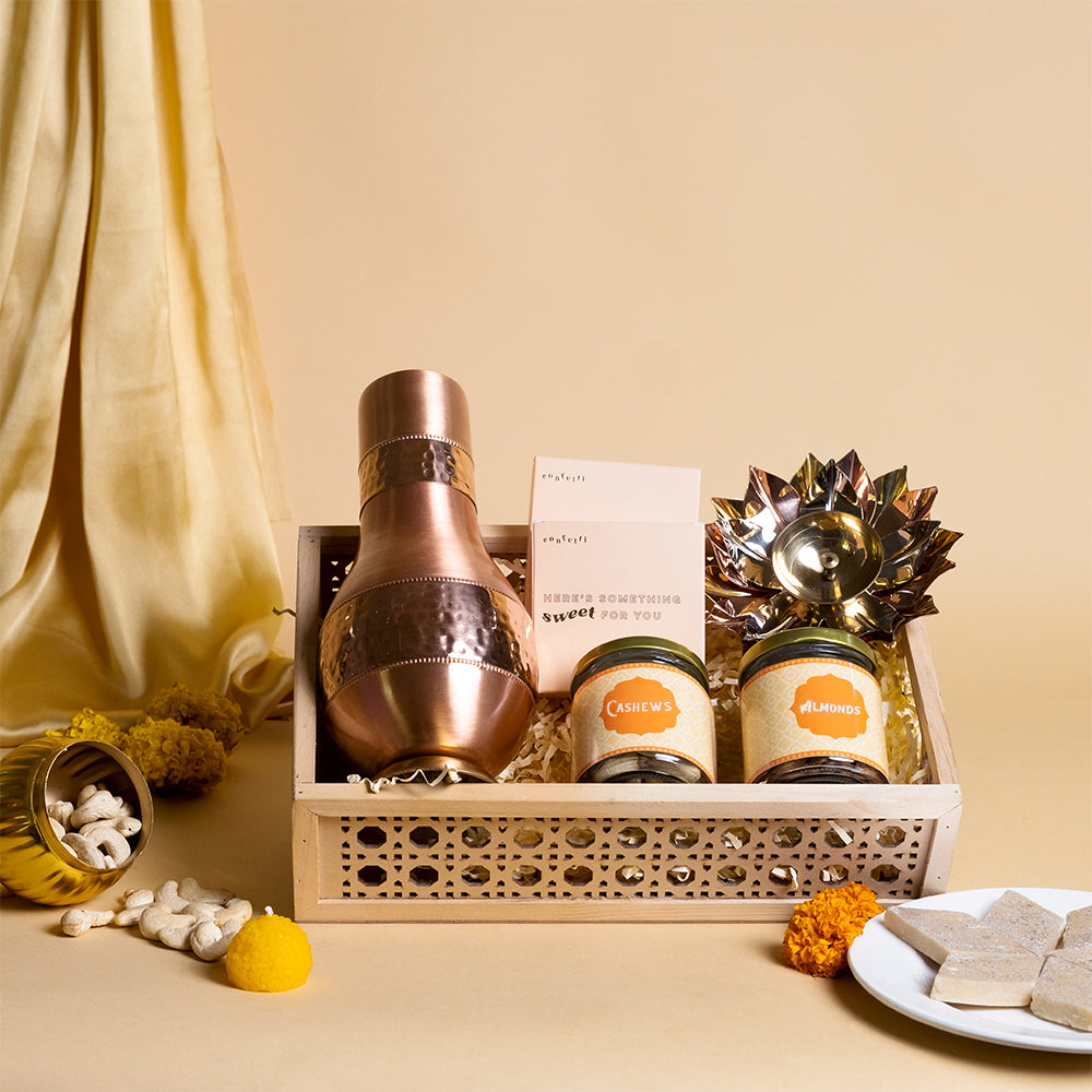 Traditional Festive Gift Hamper with Brass Diya, Waterpot Set and Dryfruits