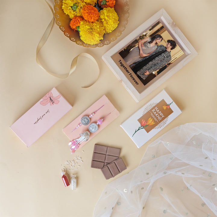 Personalized Rakhi Gift Box - Photo Frame, Chocolate & Designer Rakhi