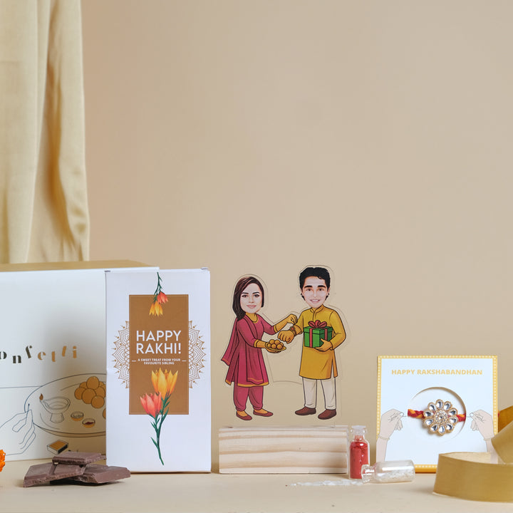 Brother & Sister Rakhi Box - Personalized Caricature, Kundan Rakhi & Chocolate