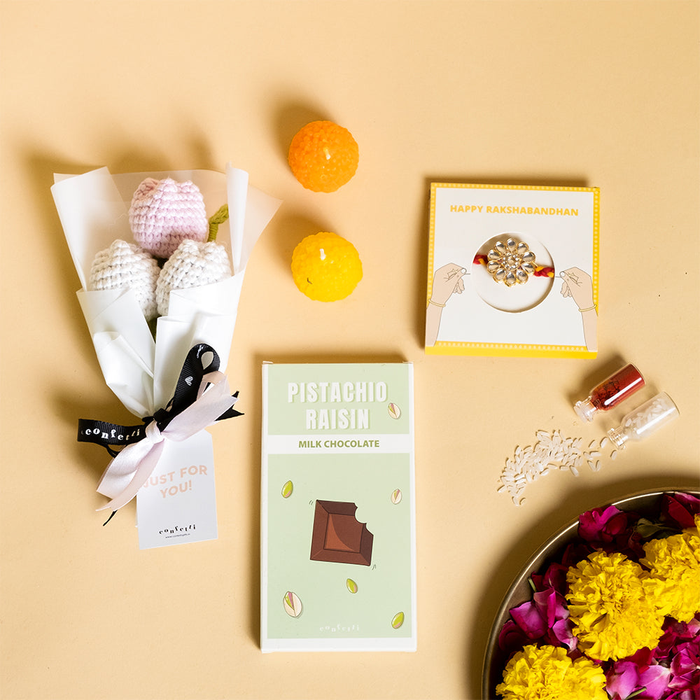 Crochet Bouquet and Sweet Treats Rakhi Gift Combo for Sister