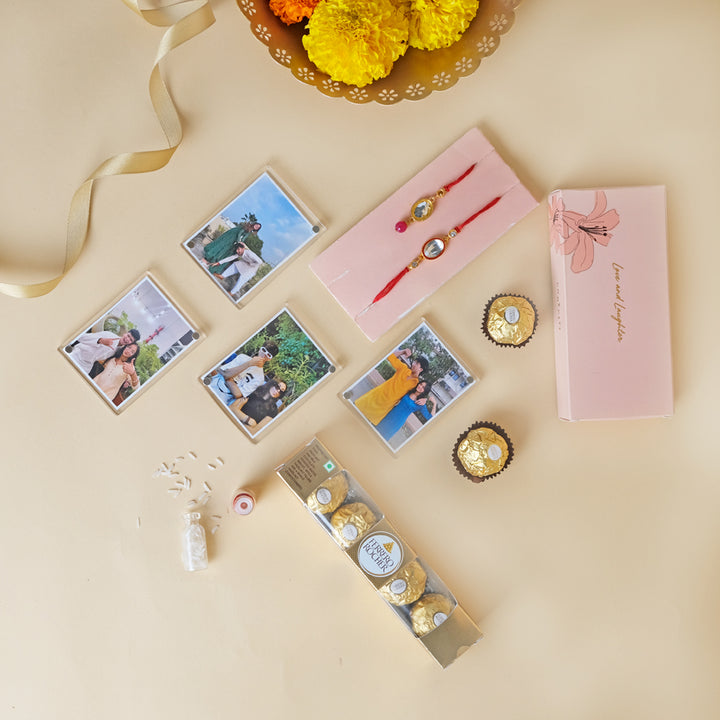 Unique Raksha Bandhan Hamper - Fridge Magnets, Chocolate & Designer Rakhi