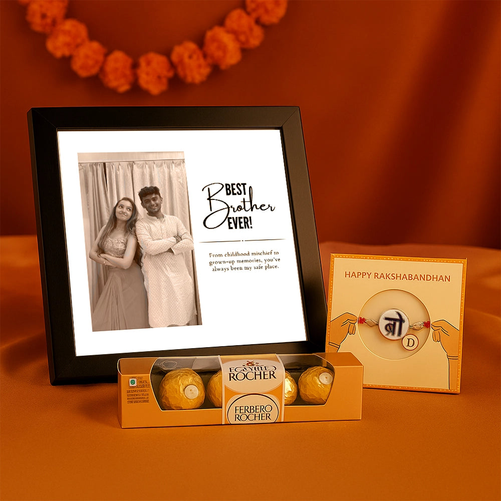 Classic Memory Combo - Personalized charm Rakhi, Chocolate & Personalized 3D Frame
