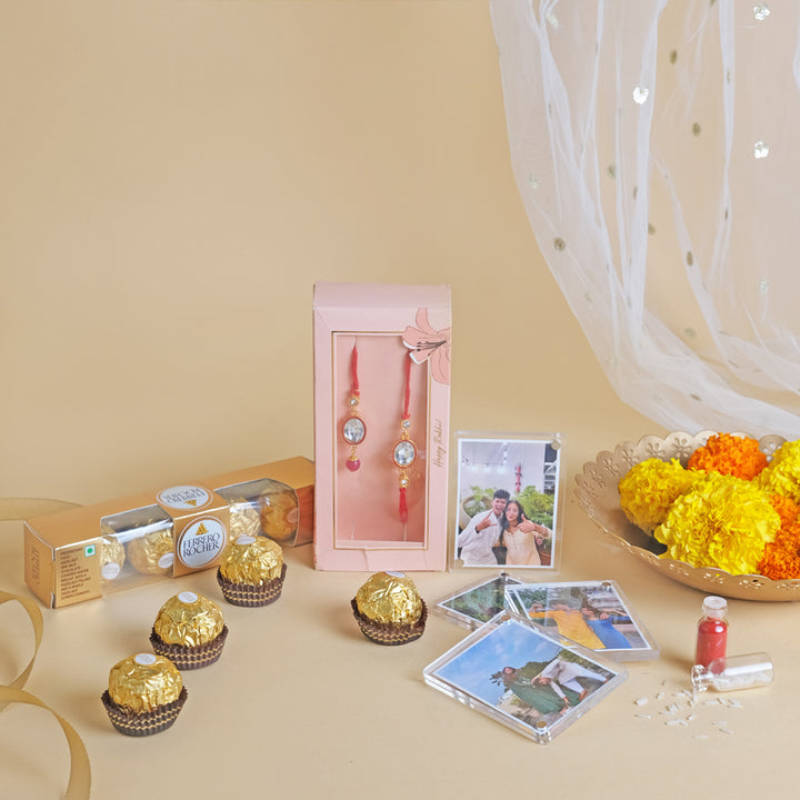 Unique Raksha Bandhan Hamper - Fridge Magnets, Chocolate & Designer Rakhi