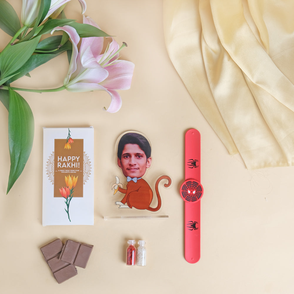 Kids rakhi Hamper - Personalized Cartoon Caricature, Chocolate & Spiderman  Rakhi