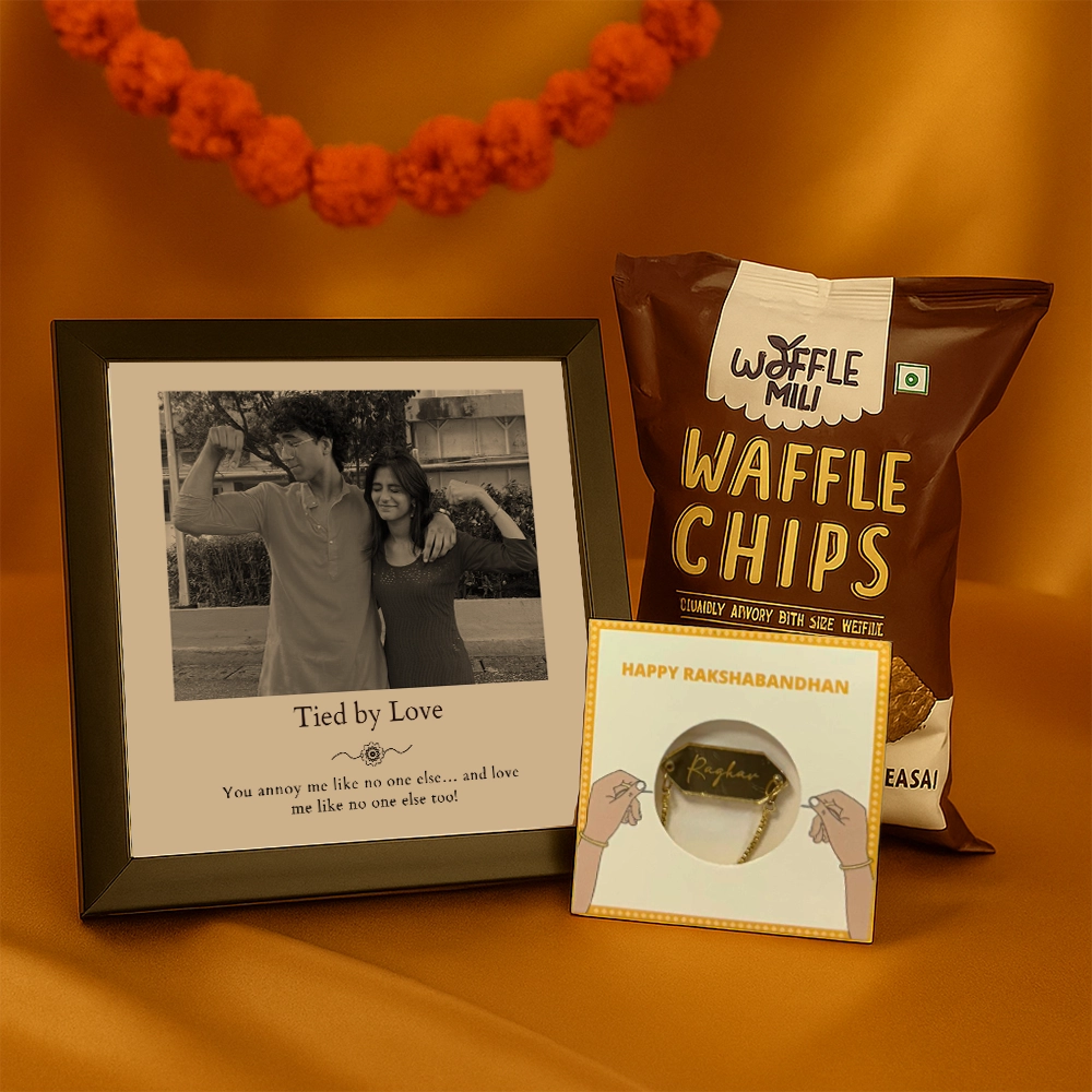 Rakhi Moments Combo- Personalized 3d Frame, Name Rakhi & Waffle Treats