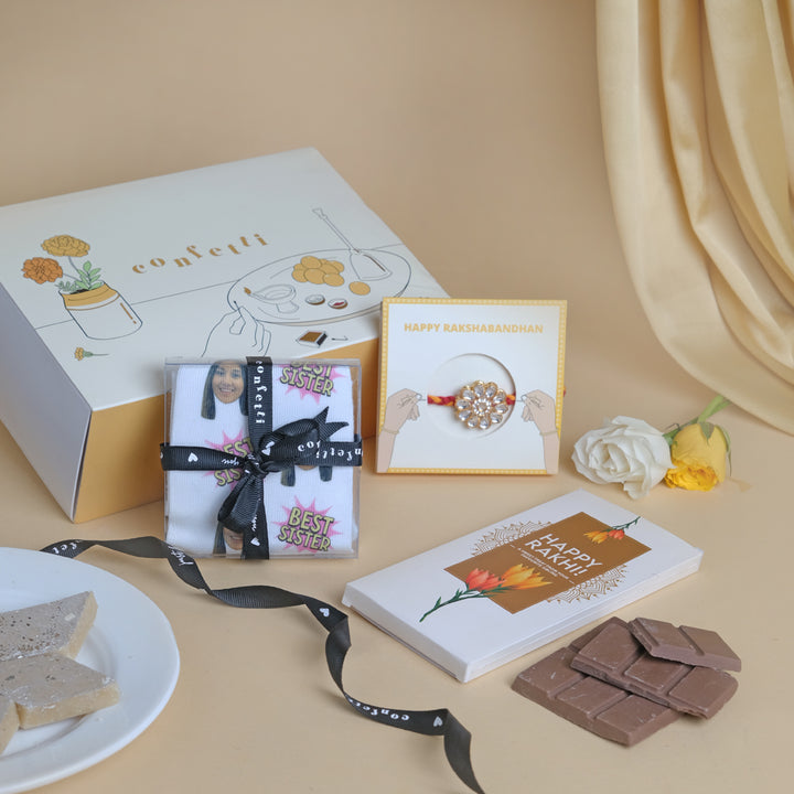 Choco Rakhi Combo - Personalized Socks, Chocolate & Kundan Rakhi