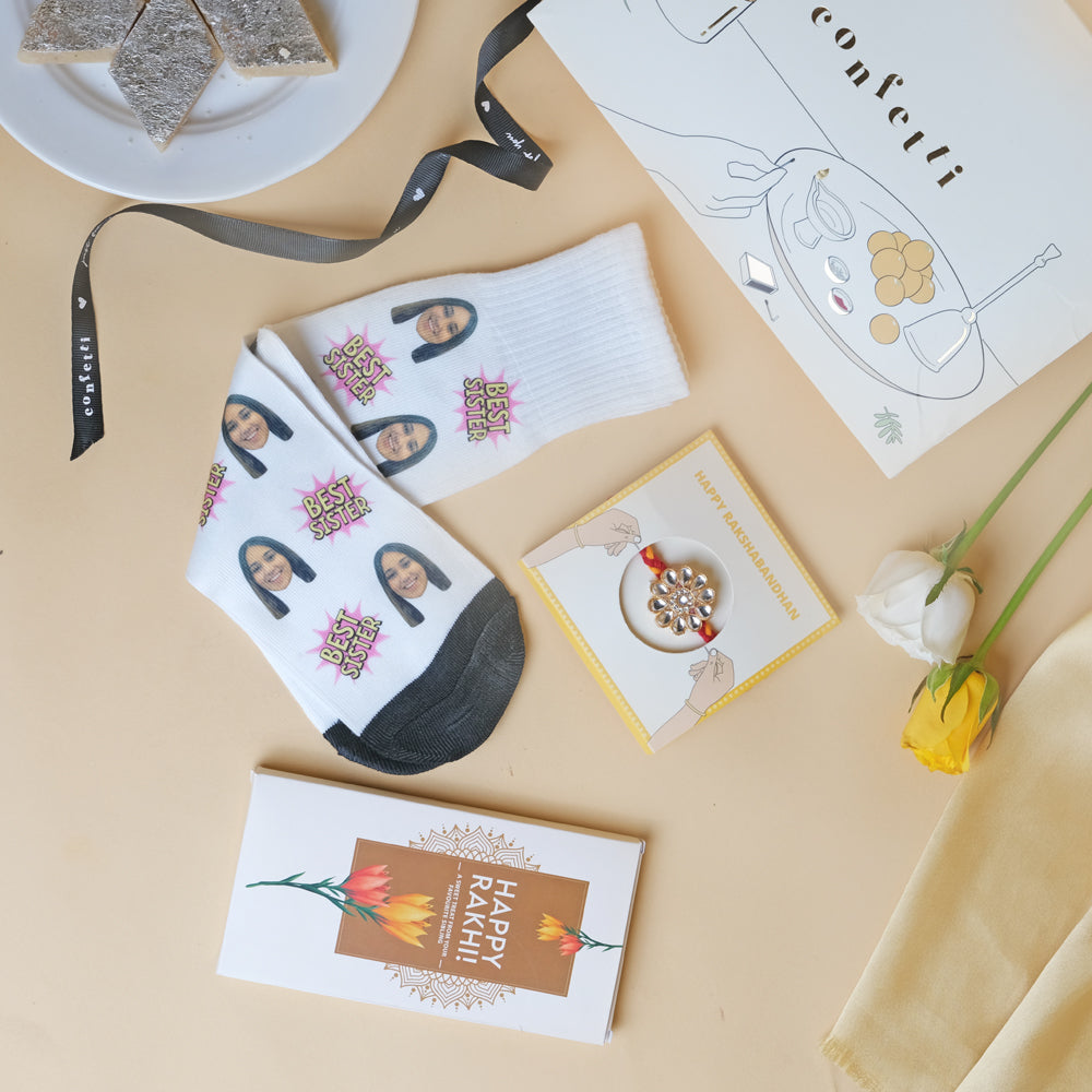 Choco Rakhi Combo - Personalized Socks, Chocolate & Kundan Rakhi