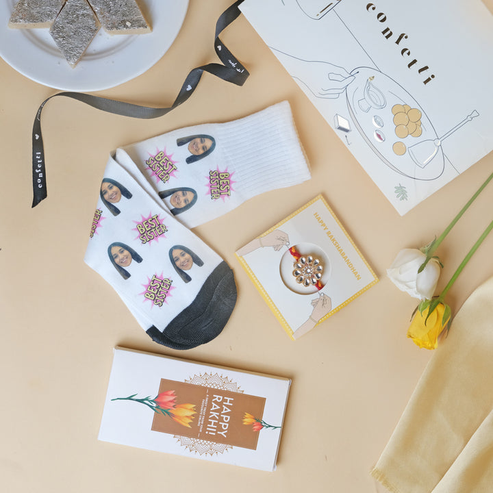 Choco Rakhi Combo - Personalized Socks, Chocolate & Kundan Rakhi