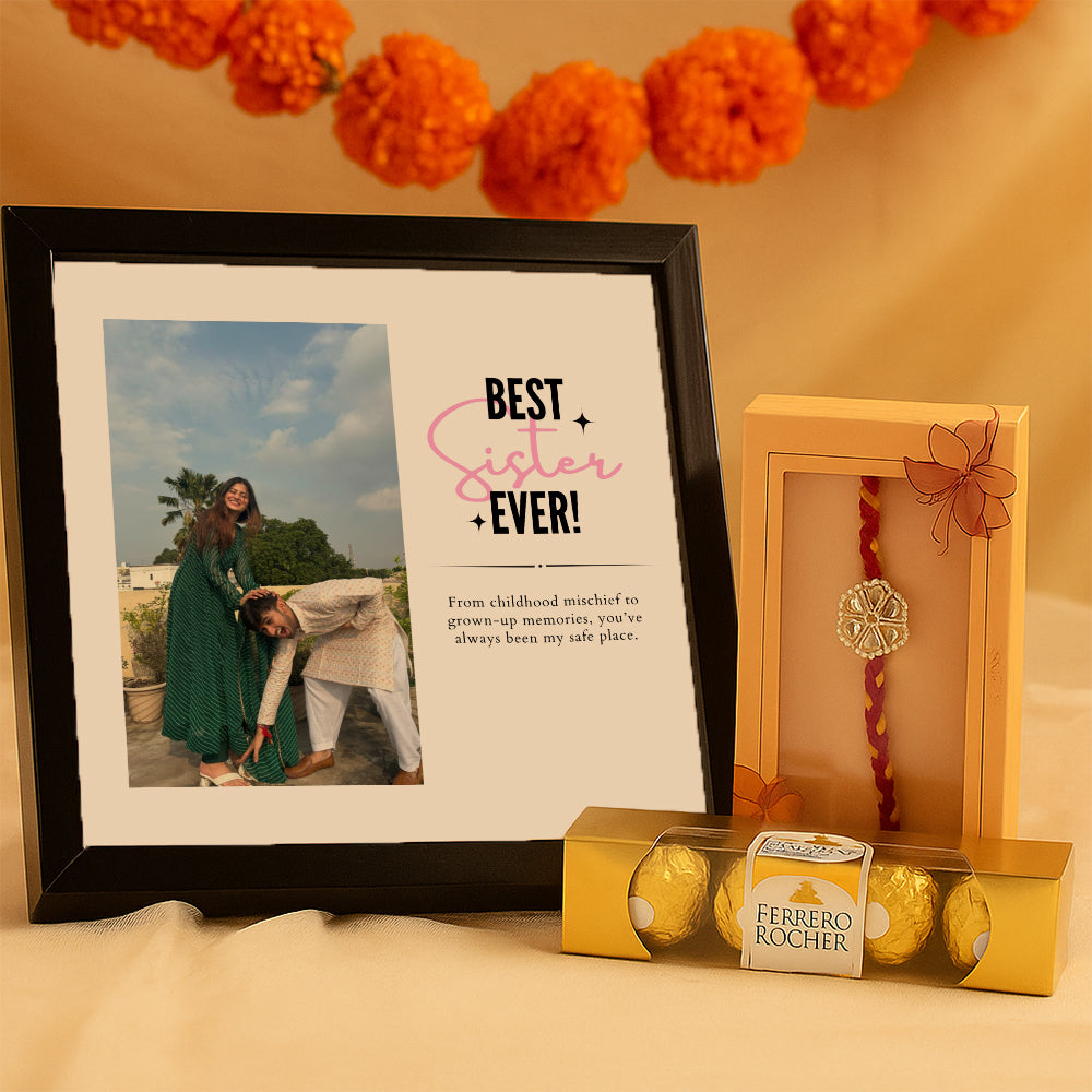Timeless Love Box - Personalized Sister Frame, Elegant Kundan Rakhi & Sweet Bites