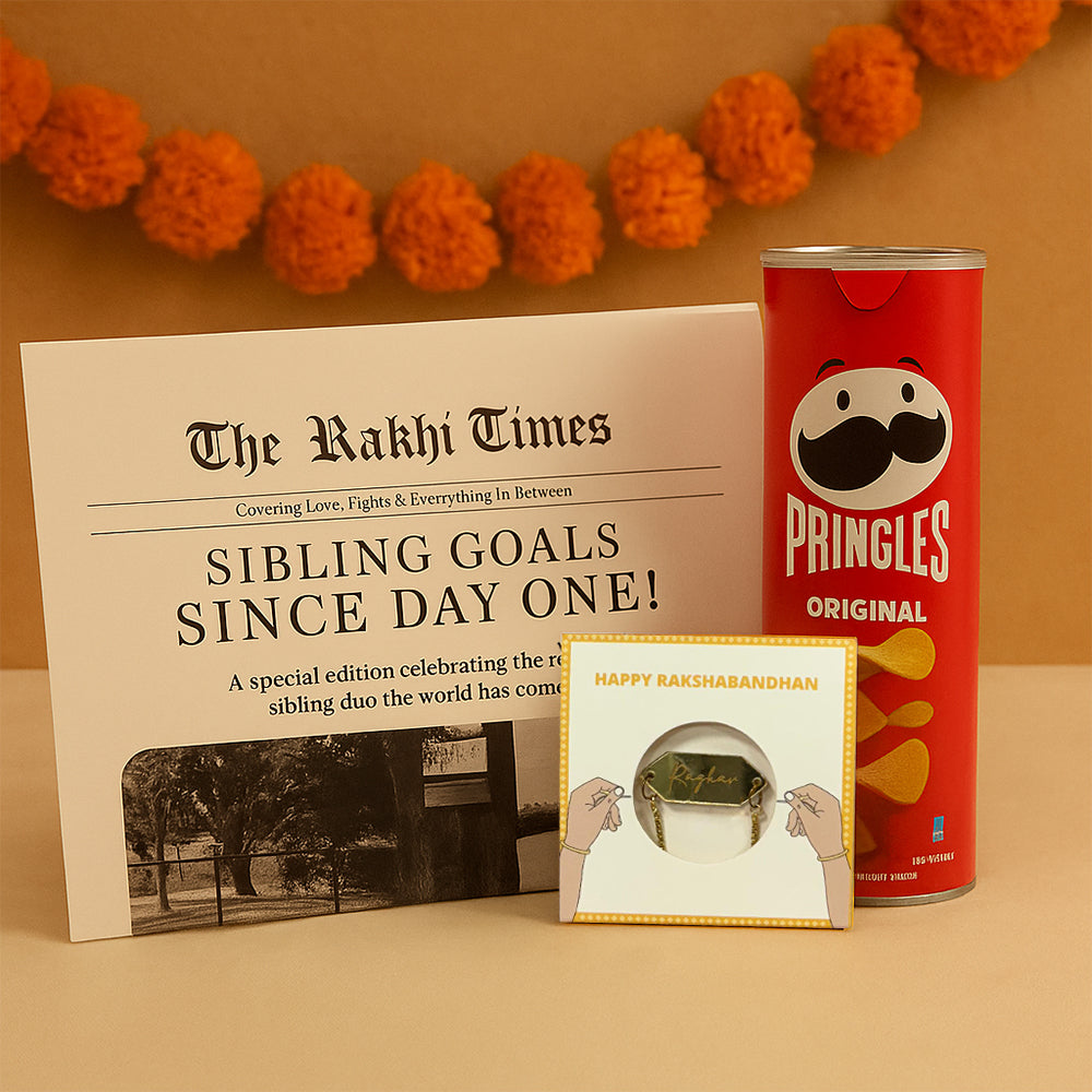 Personalized Rakhi Hamper- Custom newspaper, Personalized Rakhi and Pringles