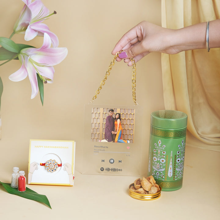 Melody & Munch Box- Personalized Spotify Frame, Kundan Rakhi & Bhakarwadi