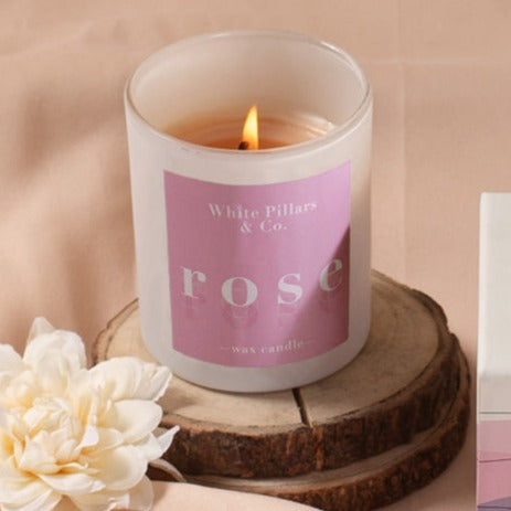 White Pillars & Co Scented Candle Set of 4 Gift Box (Amberwood,Lavender,Vanilla,Rose)