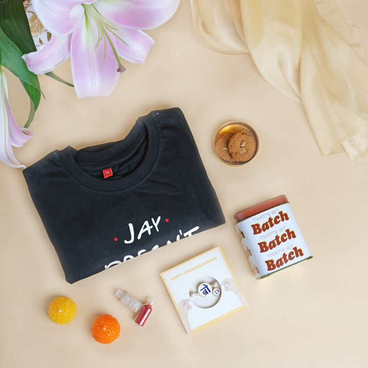 That’s My Bro Gift Box- Customized Tee + Cookies + Personalized Bro Charm Rakhi Set
