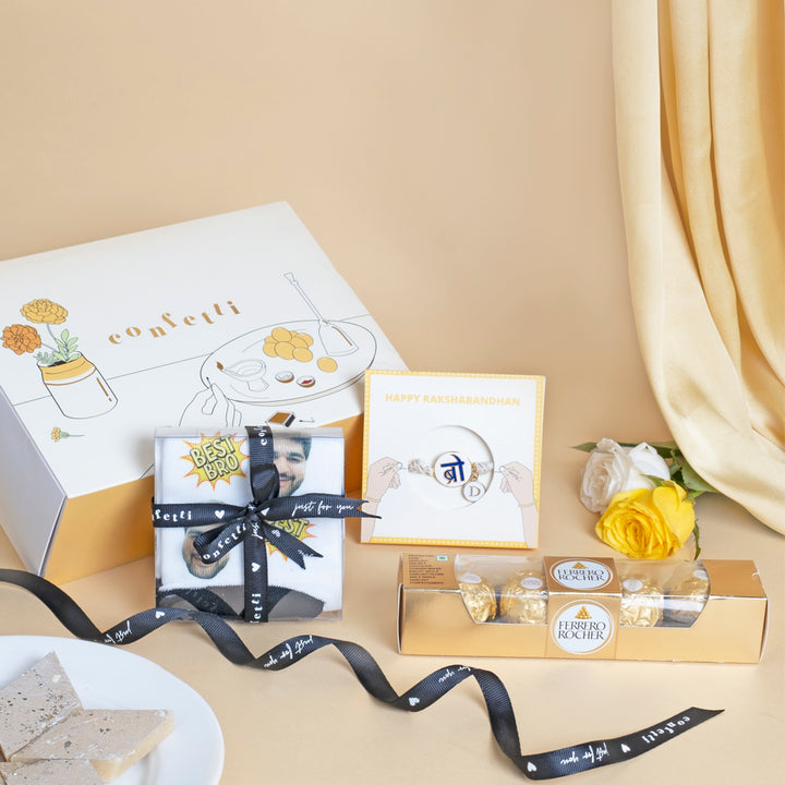 Personalized Bro charm Rakhi , Socks & Sweet Treats Rakhi Hamper