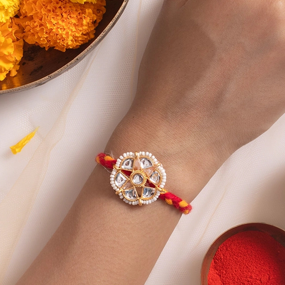 Traditional Kundan White Beaded Flower Rakhi