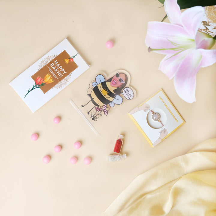 Buzzing Bee combo - Personalized Bee Standee + Rakhi + Chocolate