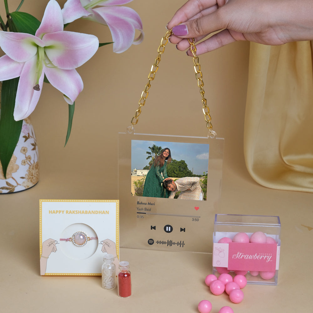 Tunes & Treats Rakhi Combo - Personalized Spotify Wall Frame + Sweets + embellish rakhi
