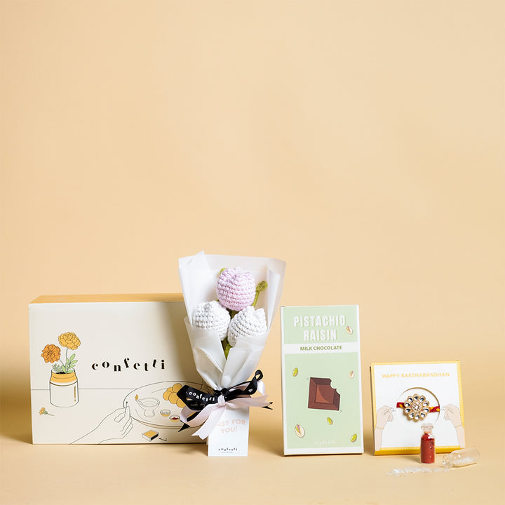 Crochet Bouquet and Sweet Treats Rakhi Gift Combo for Sister
