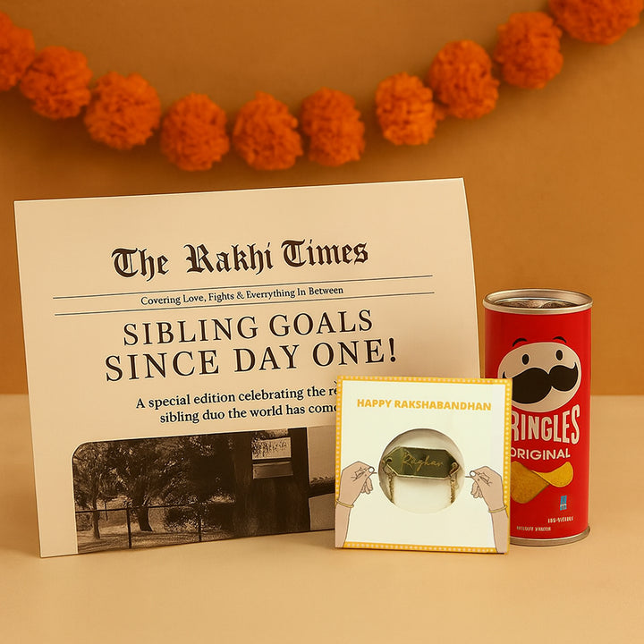 Personalized Rakhi Hamper- Custom newspaper, Personalized Rakhi and Pringles