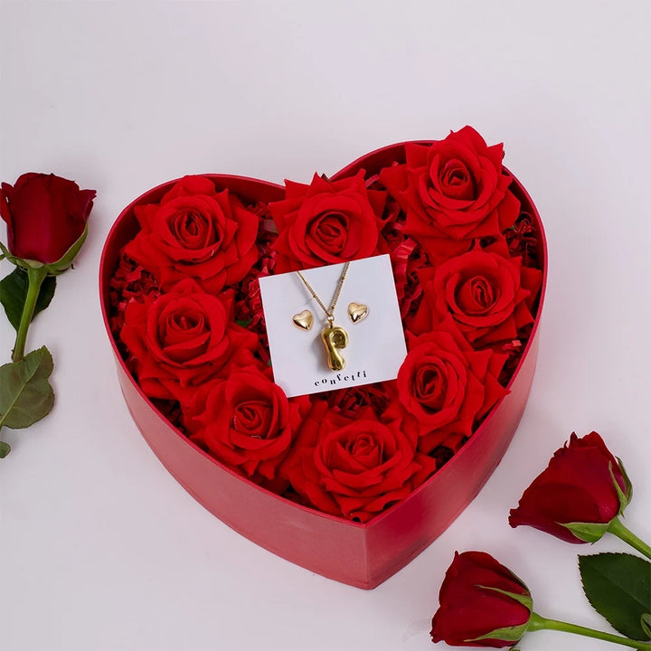 Love at First Wear – Initial Necklace, Heart Earrings & Red Roses Gift Set