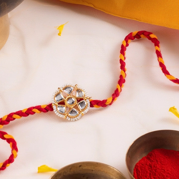 Traditional Kundan White Beaded Flower Rakhi