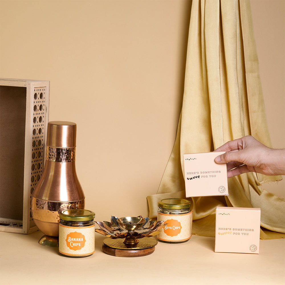 Traditional Festive Gift Hamper with Brass Diya, Waterpot Set and Dryfruits