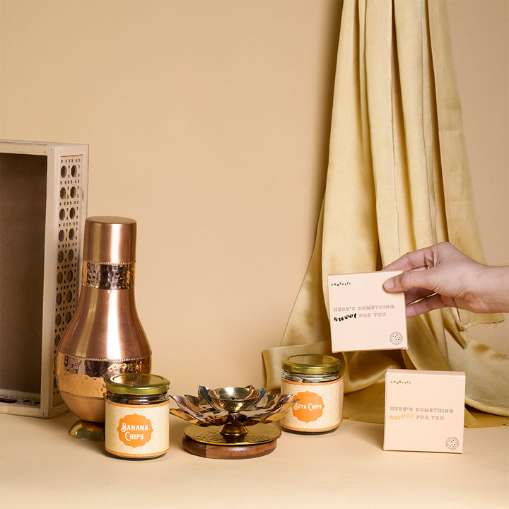 Traditional Festive Gift Hamper with Brass Diya, Waterpot Set and Dryfruits
