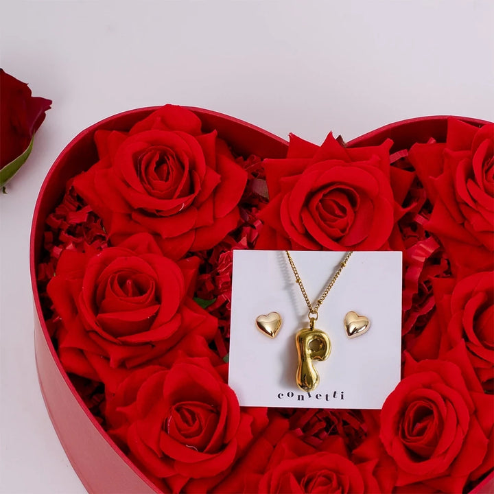 Love at First Wear – Initial Necklace, Heart Earrings & Red Roses Gift Set