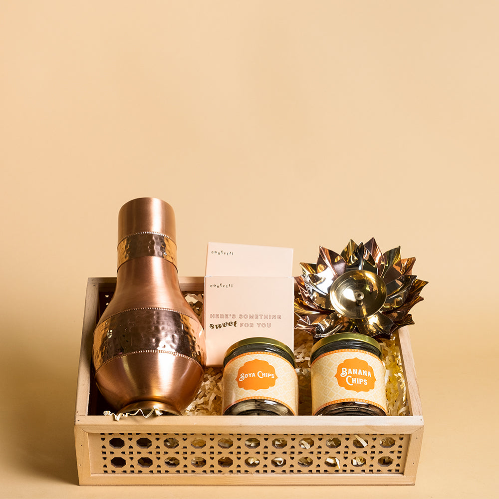 Traditional Festive Gift Hamper with Brass Diya, Waterpot Set and Dryfruits