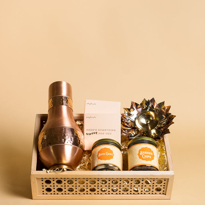 Traditional Festive Gift Hamper with Brass Diya, Waterpot Set and Dryfruits