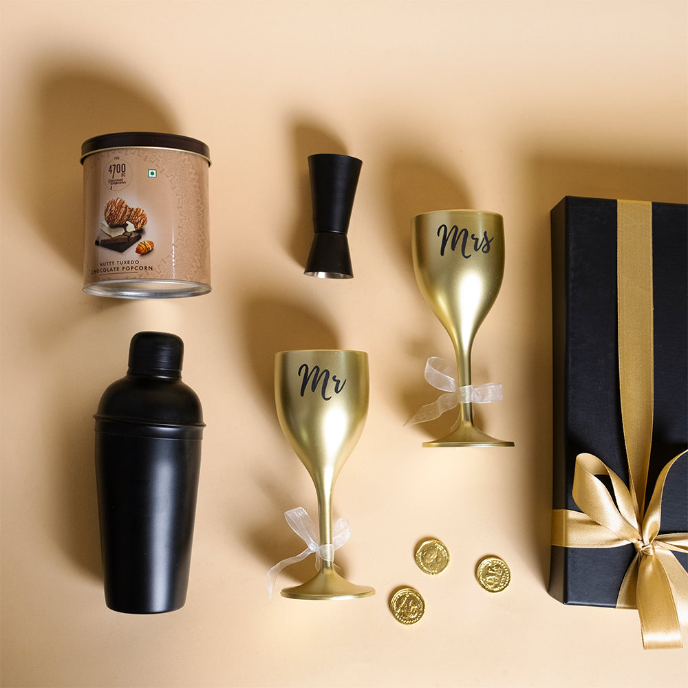 Toast & Treats Hamper - Golden Glasses, Mixer Kit & Chocolate Popcorn