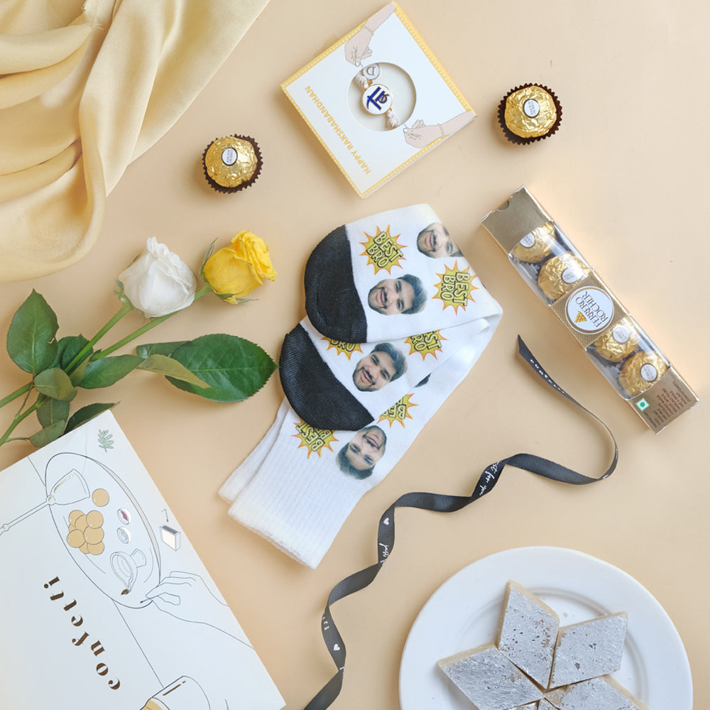 Personalized Bro charm Rakhi , Socks & Sweet Treats Rakhi Hamper