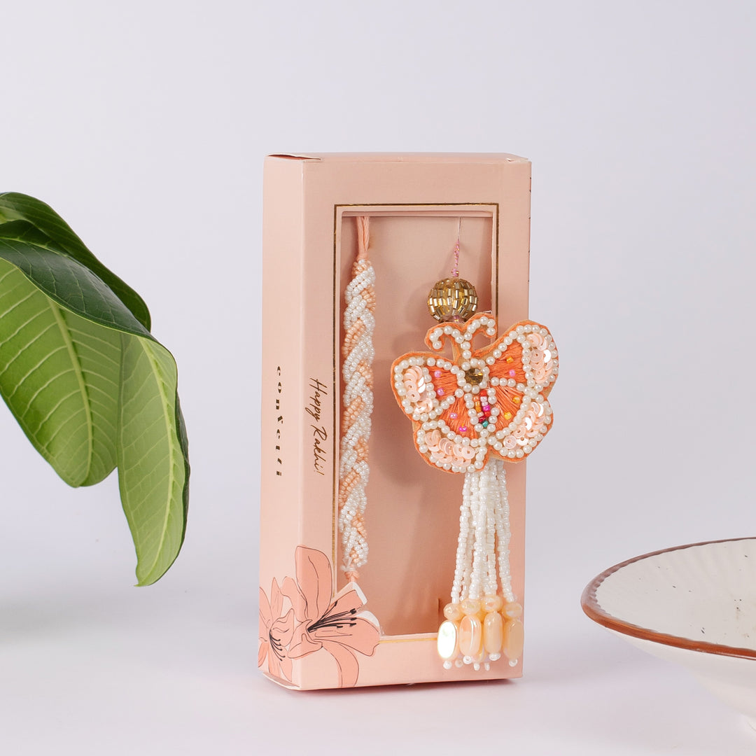 Beaded Butterfly Peach Couple Rakhi