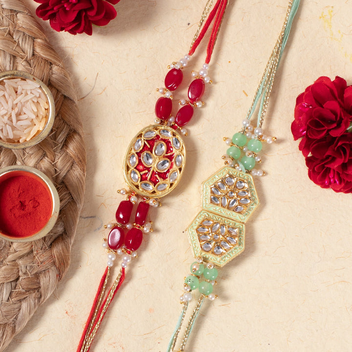Heavy Kundan Red and Green Bhai and Bhabhi Rakhi