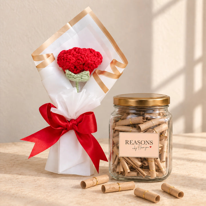 Heartfelt Love Gift Box – Red Crochet Rose & Why I Love You Notes